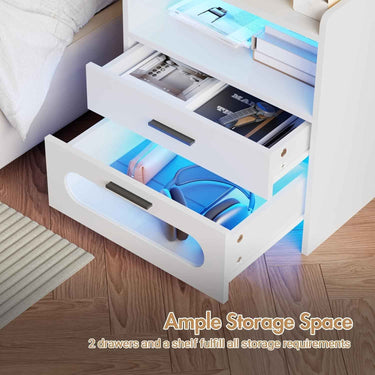 Modern White Bedside Table with 2 Drawers, RGB LED Lighting, Charging & USB Port